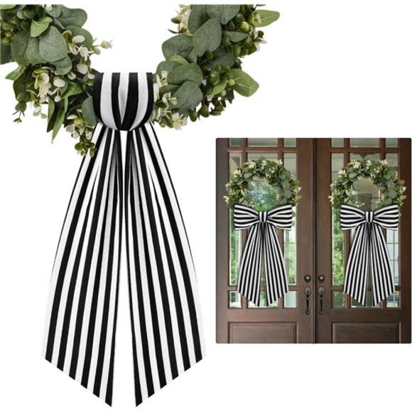 2 Pack Boxwood Wreath Sash Garland for Front Door Porch Decor (Black and White - Picture 1 of 7